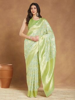 Janasya - Womens Green Silk Blend Woven Saree with Unstitched Blouse