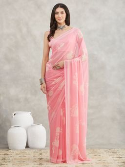 Janasya - Womens Baby Pink Georgette Floral Printed Saree with Unstitched Blouse