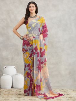 Janasya - Womens Grey Georgette Abstract Printed Saree with Unstitched Blouse