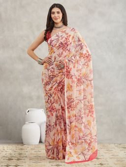 Janasya - Womens Cream Georgette Floral Printed Saree with Unstitched Blouse