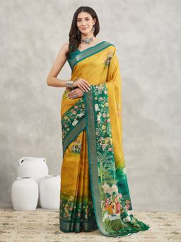 Janasya - Womens Mustard Silk Blend Ethnic Motifs Printed Saree with Unstitched Blouse