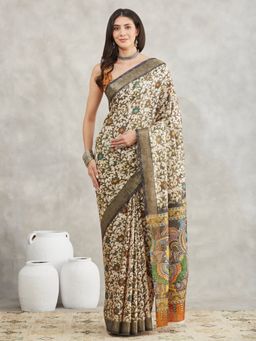 Janasya - Womens Multi-Color Green Silk Blend Floral Printed Saree with Unstitched Blouse