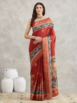 Janasya - Womens Multi-Color Silk Blend Paisley Printed Saree with Unstitched Blouse