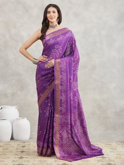 Janasya - Womens Purple Silk Blend Bandhani Printed Saree with Unstitched Blouse