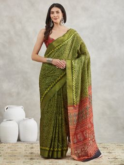 Janasya - Womens Mehndi Green Silk Blend Bandhani Printed Saree with Unstitched Blouse