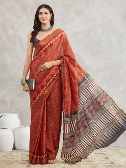 Janasya - Womens Rust Orange Silk Blend Bandhani Printed Saree with Unstitched Blouse