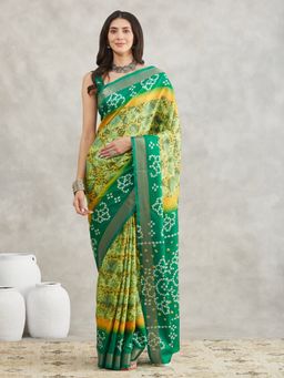 Janasya - Womens Multi-Color Silk Blend Bandhani Printed Saree with Unstitched Blouse