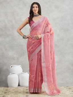 Janasya - Womens Onion Pink Linen Blend Floral Printed Saree with Unstitched Blouse