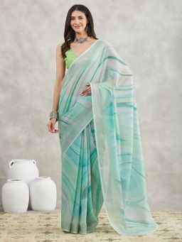 Janasya - Womens Sea Green Linen Blend Abstract Printed Saree with Unstitched Blouse