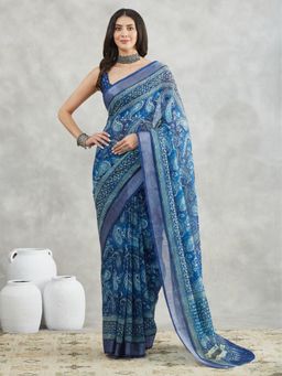 Janasya - Womens Navy Blue Linen Blend Paisley Printed Saree with Unstitched Blouse