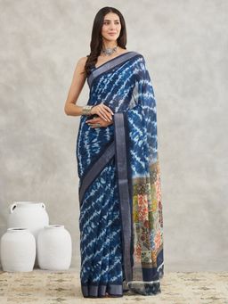 Janasya - Womens Indigo Linen Blend Tie and Dye Printed Saree with Unstitched Blouse