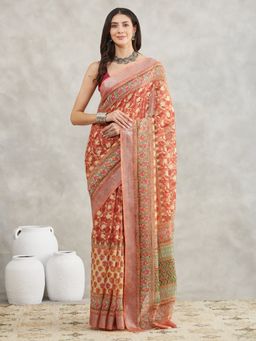 Janasya - Womens Rust Linen Blend Batik Printed Saree with Unstitched Blouse