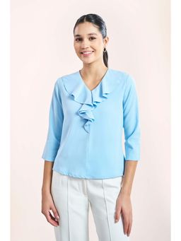 SALT Attire - Blue Ruffled Neckline Top