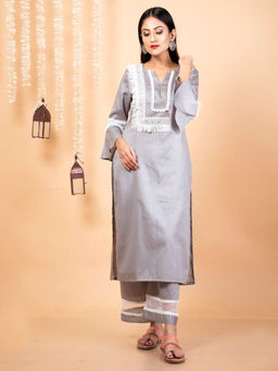 Empress Pitara - Fida Grey Kurta With Straight Pants (Set of 2)