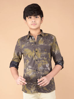 CRIMSOUNE CLUB - Boy Olive Floral Print Shirt