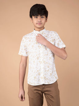 CRIMSOUNE CLUB - Boy Beige Floral Print Linen Shirt