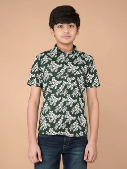 CRIMSOUNE CLUB - Boy Green Floral Print 100% Cotton Shirt