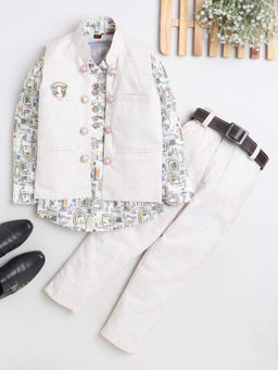 FOURFOLDS - Boys Grey Printed Shirt with Waistcoat & Trouser (Set of 3)