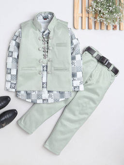 FOURFOLDS - Boys Green Printed Shirt with Waistcoat & Trouser (Set of 3)