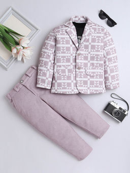 FOURFOLDS - Boys Mauve Printed Blazer with T-Shirt & Trouser