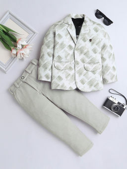 FOURFOLDS - Boys Beige Full Sleeves Printed Blazer with T-Shirt & Trouser