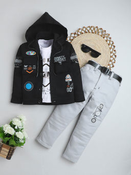 FOURFOLDS - Boys Black Hooded Jacket & Trouser with T-Shirt (Set of 3)