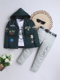 FOURFOLDS - Boys Green Hooded Jacket & Trouser with T-Shirt (Set of 3)