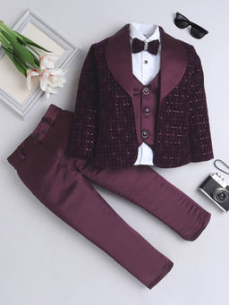 FOURFOLDS - Boys Wine Embroidered Blazer, Shirt & Trouser with Bow (Set of 4)