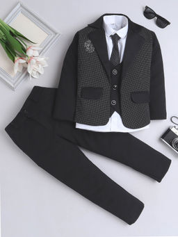 FOURFOLDS - Boys Black Printed Blazer, Shirt & Trouser with Tie (Set of 4)