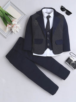 FOURFOLDS - Boys Navy Blue Printed Blazer, Shirt & Trouser with Tie (Set of 4)