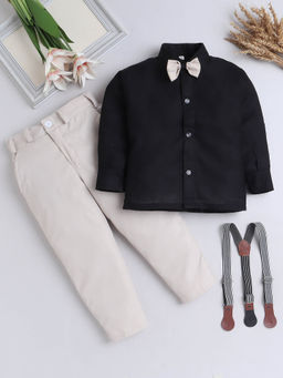 FOURFOLDS - Boys Black Solid Shirt, Trouser & Suspender with Bow (Set of 4)