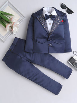 FOURFOLDS - Navy Blue Embroidered Blazer, Shirt with Trouser & Bow (Set of 4)