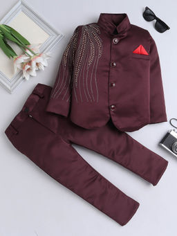 FOURFOLDS - Boys Wine Embroidered Indo Blazer with Trouser (Set of 2)