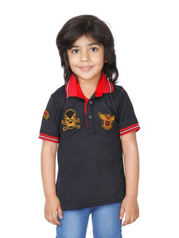 FOURFOLDS - Boys Black Half Sleeves Printed Polo T-Shirt