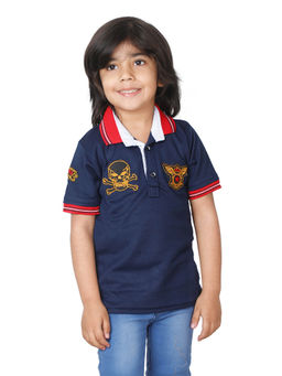 FOURFOLDS - Boys Blue Half Sleeves Printed Polo T-Shirt