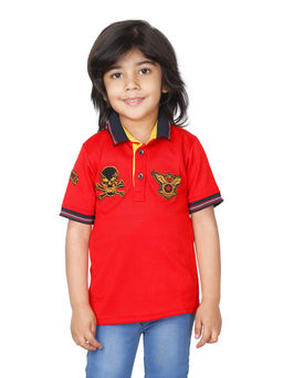 FOURFOLDS - Boys Red Half Sleeves Printed Polo T-Shirt