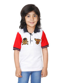 FOURFOLDS - Boys White Half Sleeves Printed Polo T-Shirt