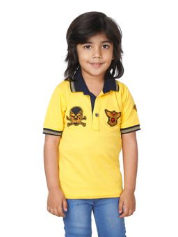 FOURFOLDS - Boys Yellow Half Sleeves Printed Polo T-Shirt