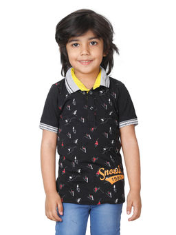FOURFOLDS - Boys Black Half Sleeves Printed Polo T-Shirt