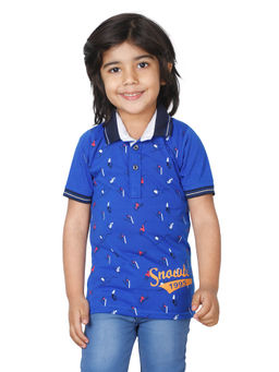 FOURFOLDS - Boys Blue Half Sleeves Printed Polo T-Shirt