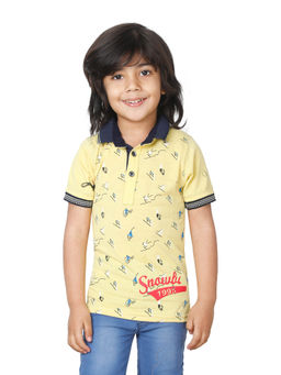 FOURFOLDS - Boys Mustard Half Sleeves Printed Polo T-Shirt