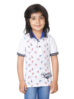 FOURFOLDS - Boys White Half Sleeves Printed Polo T-Shirt