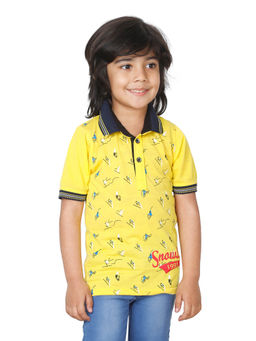 FOURFOLDS - Boys Yellow Half Sleeves Printed Polo T-Shirt