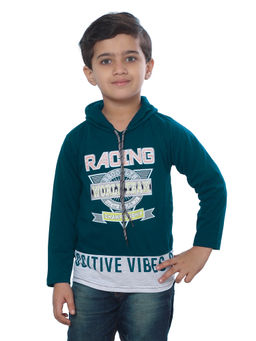 FOURFOLDS - Boys Dark Green Full Sleeves Printed T-Shirt