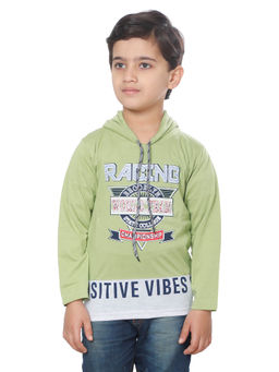 FOURFOLDS - Boys Green Full Sleeves Printed T-Shirt