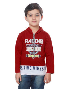 FOURFOLDS - Boys Maroon Full Sleeves Printed T-Shirt