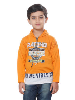FOURFOLDS - Boys Mustard Full Sleeves Printed T-Shirt