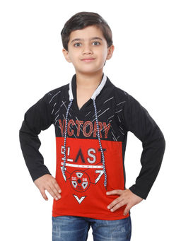 FOURFOLDS - Boys Black Full Sleeves Printed T-Shirt