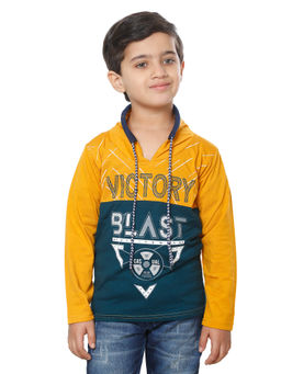 FOURFOLDS - Boys Mustard Full Sleeves Printed T-Shirt