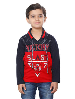 FOURFOLDS - Boys Navy Blue Full Sleeves Printed T-Shirt